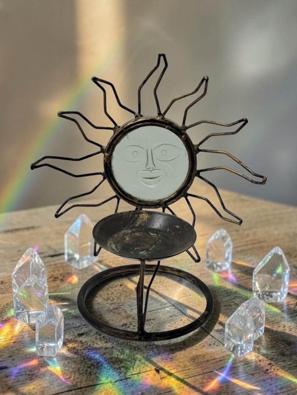 Celestial-Style Metal And Molded Glass Sun Face Candle Holder Round Base & Plate